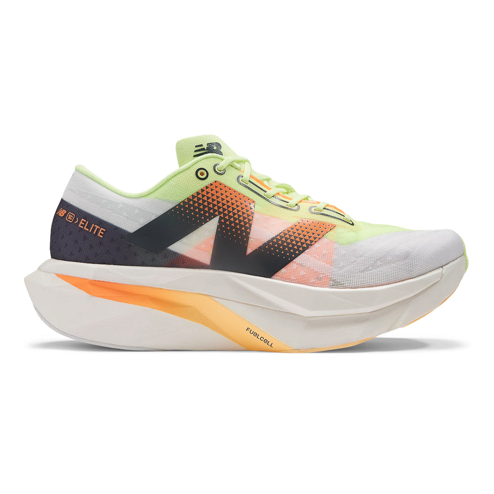 Side view on white background of Mens New Balance FuelCell SuperComp running shoe in White/Bleached Lime Glo, Medium (Regular) width