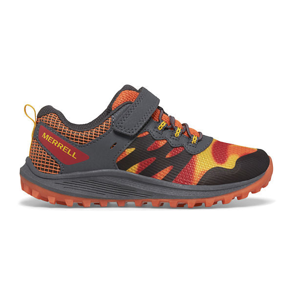 Side view on white background of Youth Merrell Nova 3 running shoe in Black/Orange, Medium (Regular) width