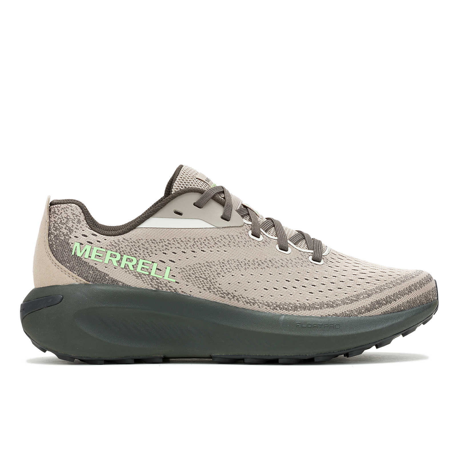 Side view on white background of Mens Merrell Morphlite running shoe in Stone, Medium (Regular) width