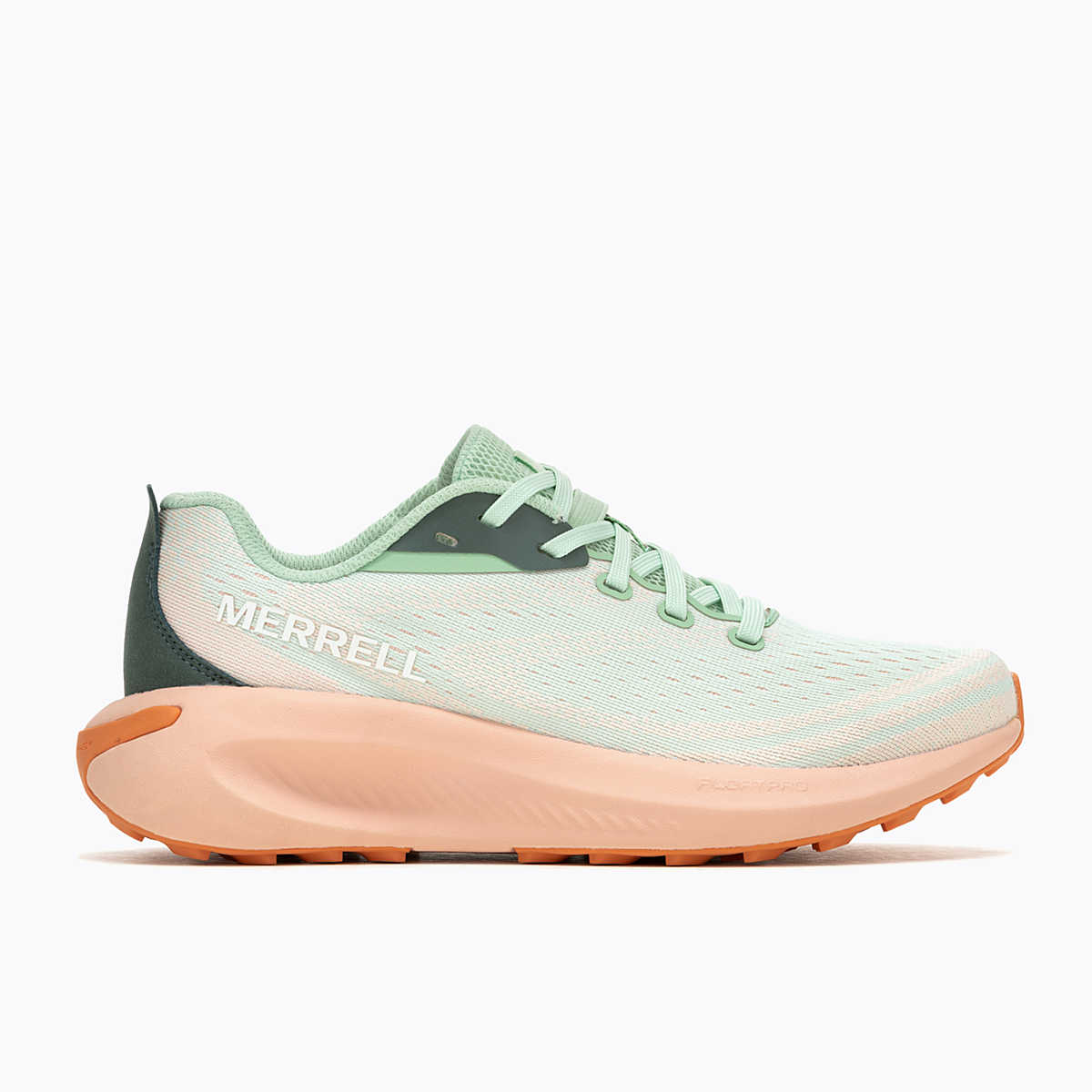 Side view on white background of Womens Merrell Morphlite Trail running shoe in Mentha Peach, Medium (Regular) width