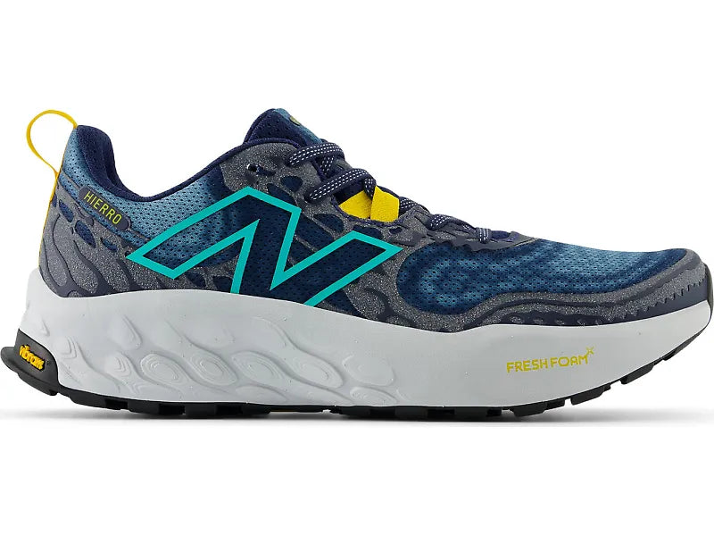 Side view on white background of Mens New Balance Fresh Foam X Hierro V8 running shoe in Nb Navy/Quartz Grey/Cyber Jade, Wide width