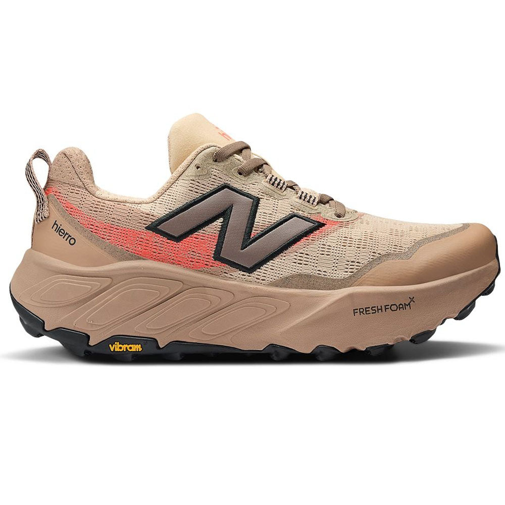 Side view on white background of Mens New Balance Fresh Foam X Hierro running shoe in Desert Clay/Earth Shadow/Urgent Red, Medium (Regular) width