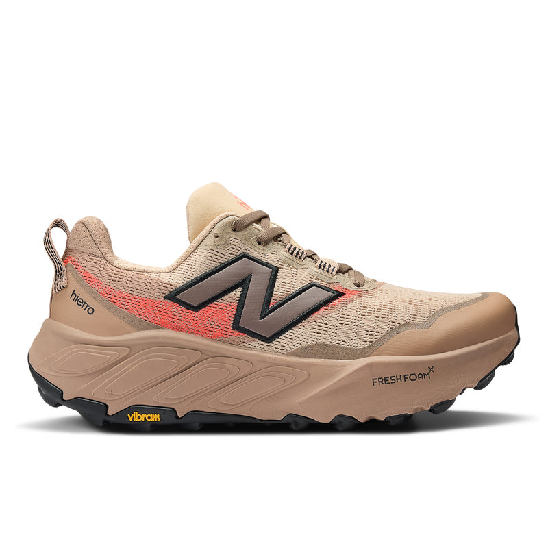 Side view on white background of Mens New Balance Fresh Foam X Hierro V9 running shoe in Desert Clay/Earth Shadow/Urgent Red, Wide width
