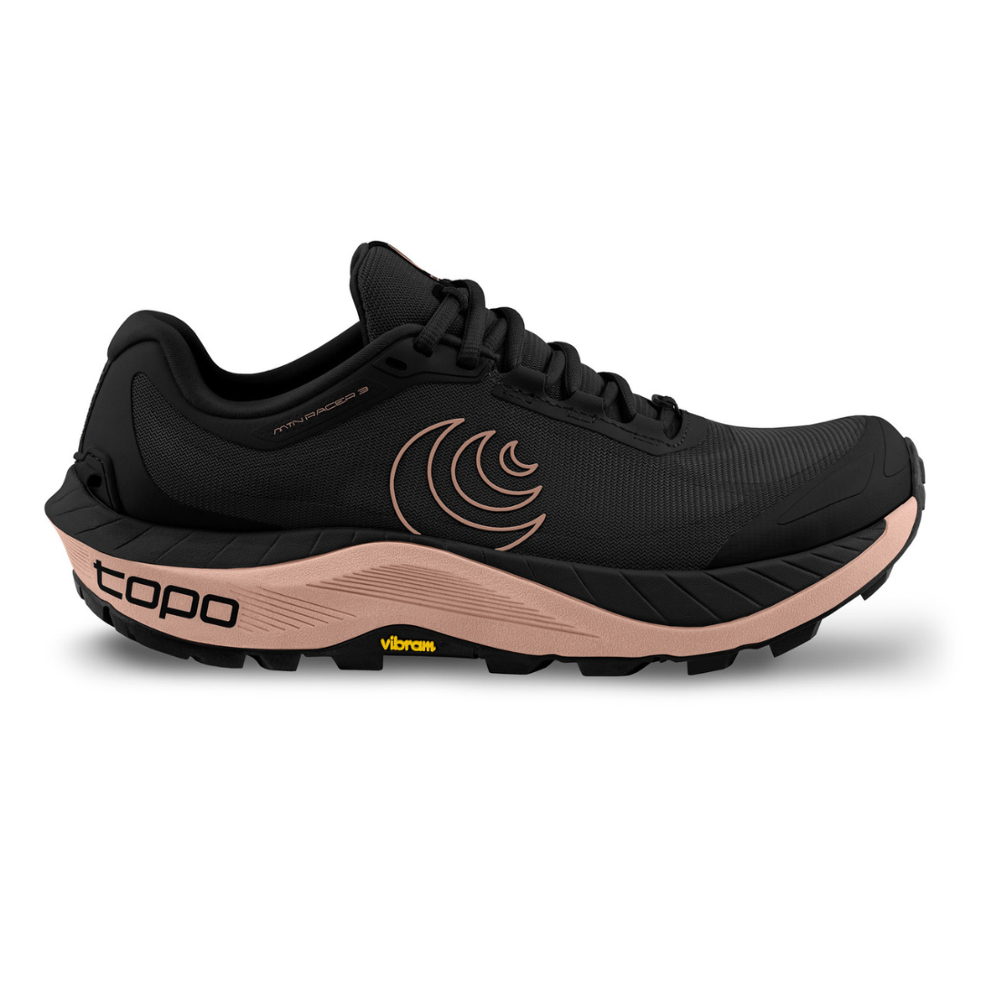 Side view on white background of Womens Topo Athletic MTN Racer 3 running shoe in Black/Mauve, Medium (Regular) width