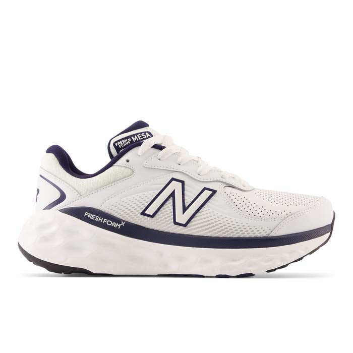 Side view on white background of Mens New Balance Fresh Foam X 840v1 running shoe in White/Team Navy/White, Medium (Regular) width