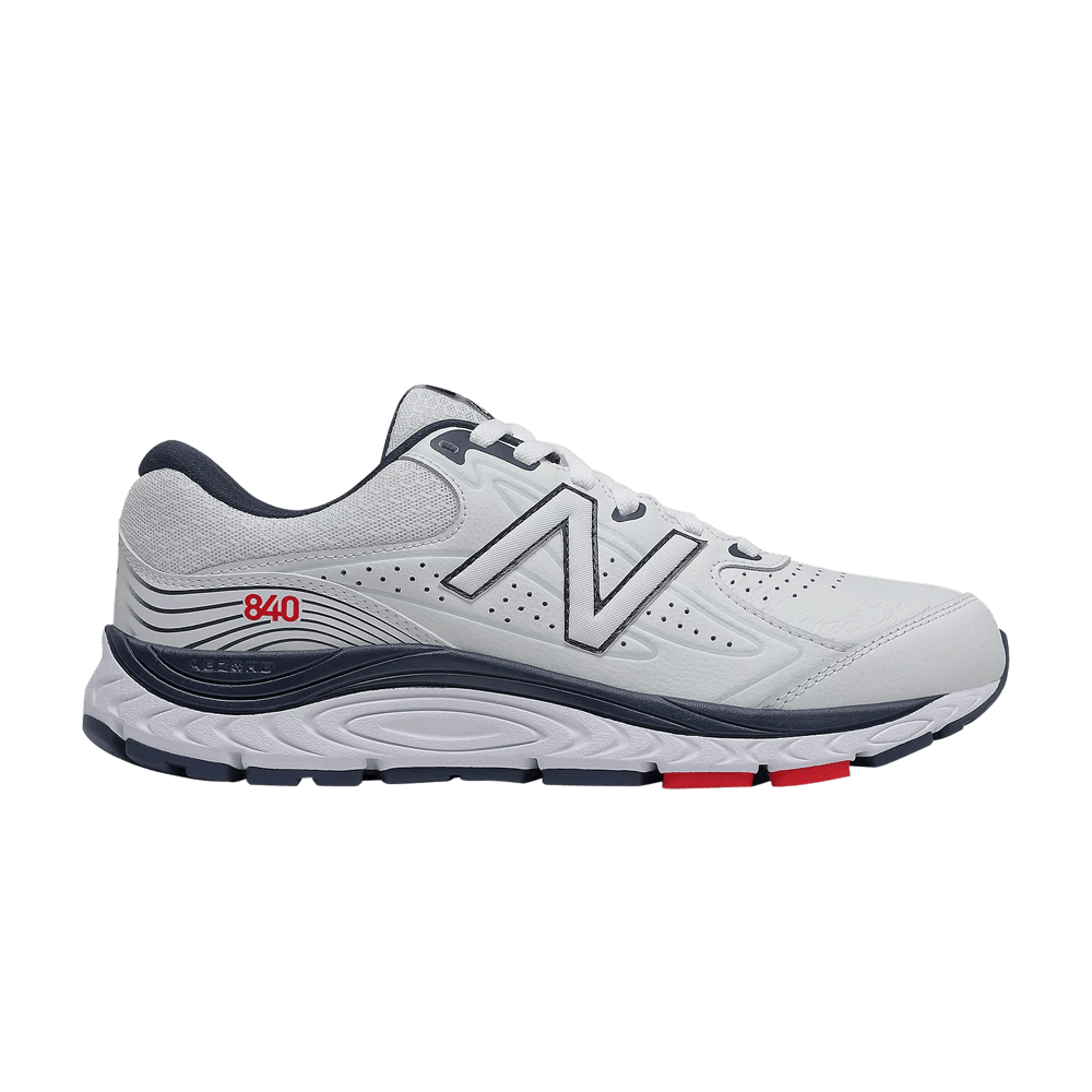 Side view on white background of Mens New Balance 840v3 running shoe in White/Natural Indigo, Wide width