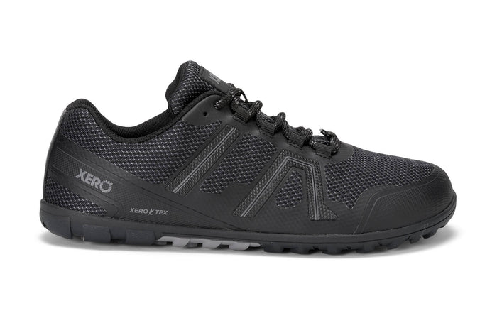Side view on white background of Mens Xero Shoes Mesa Trail WP running shoe in Black, Medium (Regular) width