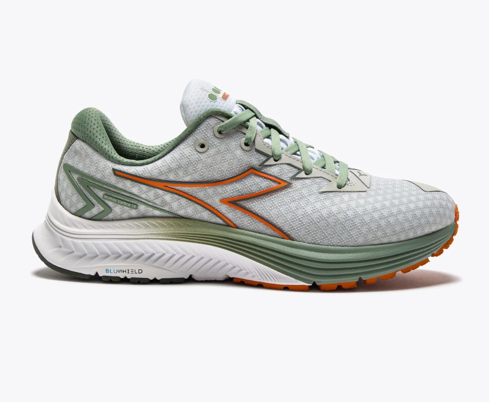 Side view on white background of Womens Diadora Mythos Blushield 10 Vortice running shoe in White/Iceberg Green, Medium (Regular) width
