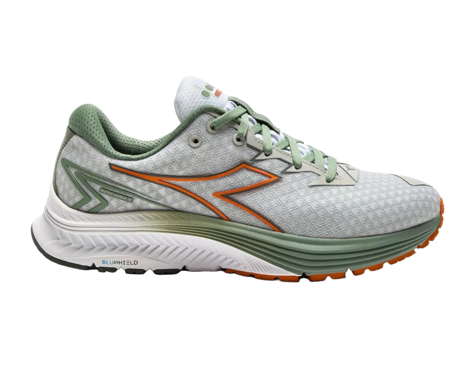 Side view on white background of Mens Diadora Mythos Blushield 10 Vortice running shoe in White/Iceberg Green, Medium (Regular) width