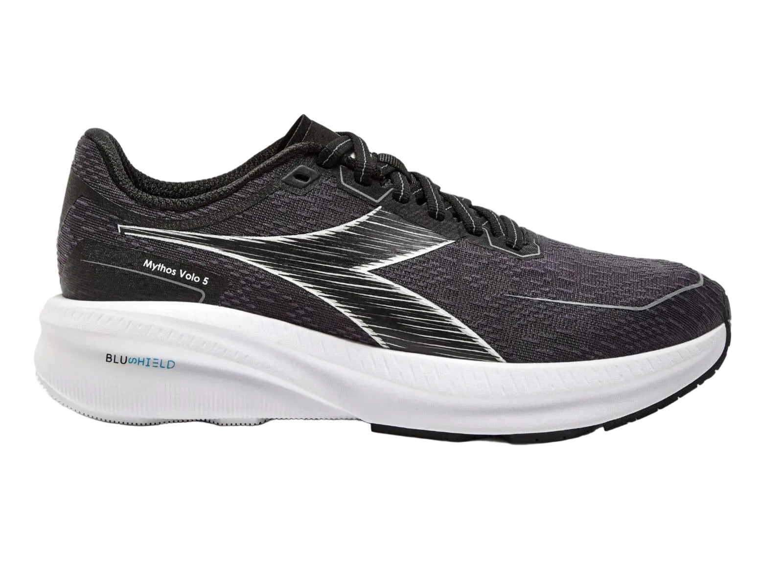 Side view on white background of Womens Diadora Mythos Blushield Volo 5 running shoe in Black/White, Medium (Regular) width