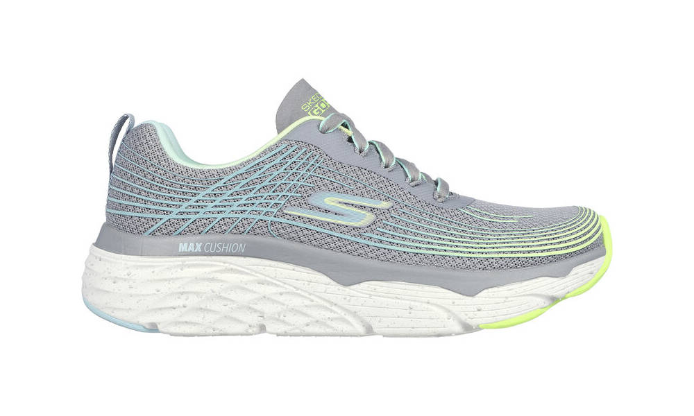 Side view on white background of Womens Skechers Max Cushioning running shoe in Gray/Lime, Medium (Regular) width