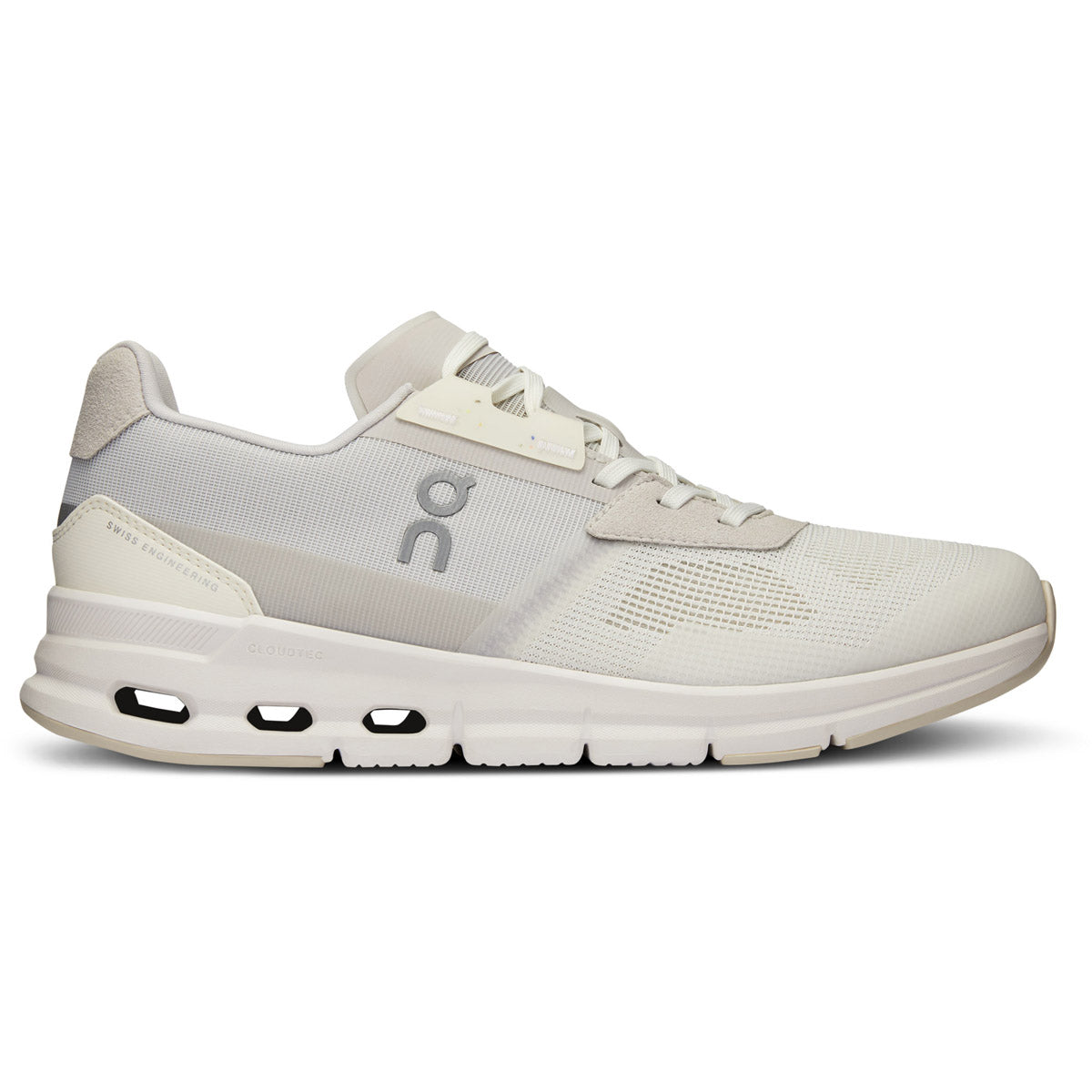 Side view on white background of Womens On Cloudrift running shoe in Undyed-White/Sand, Medium (Regular) width