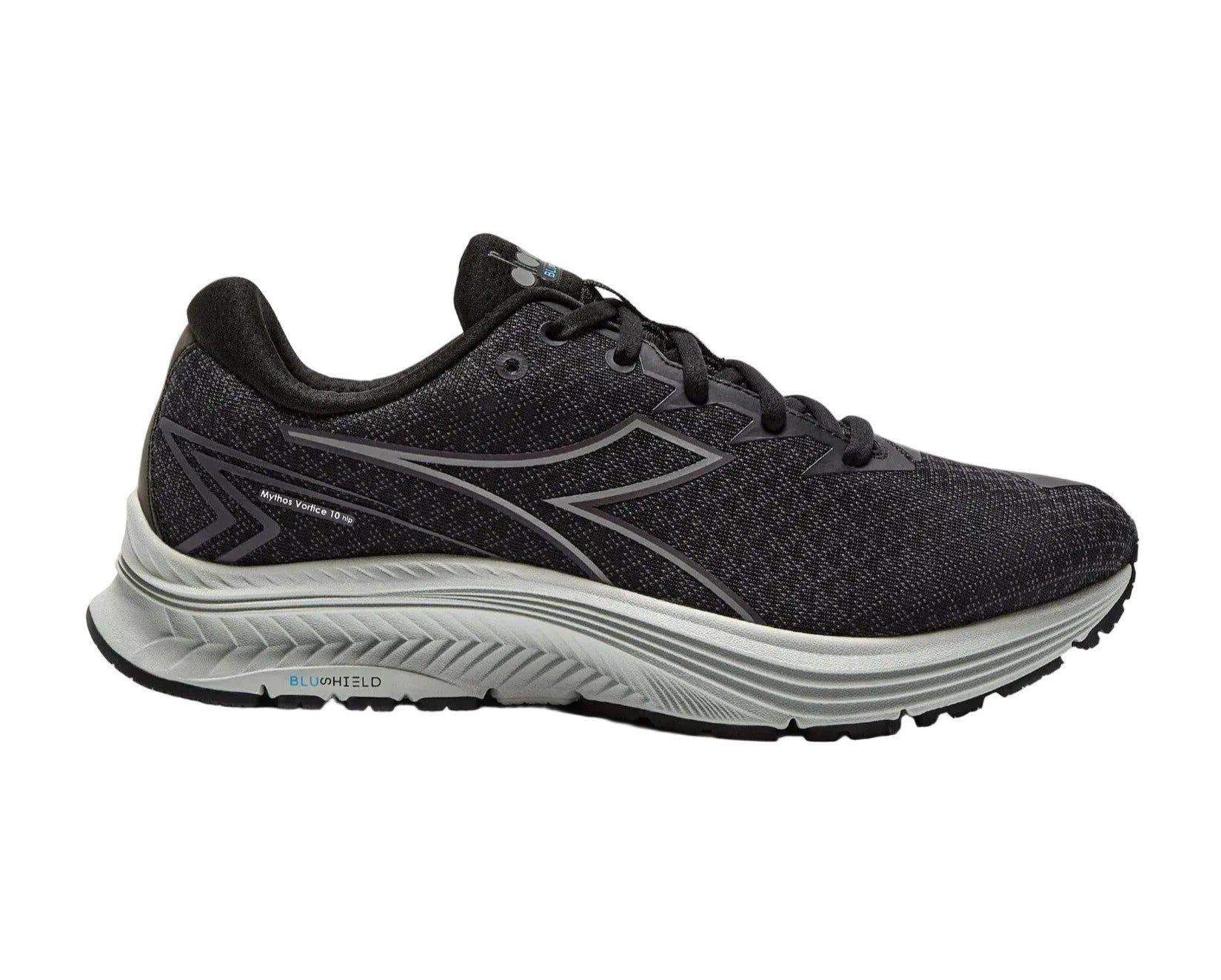 Side view on white background of Womens Diadora Mythos Blushield 10 Vortice Hip running shoe in Black/Silver, Medium (Regular) width