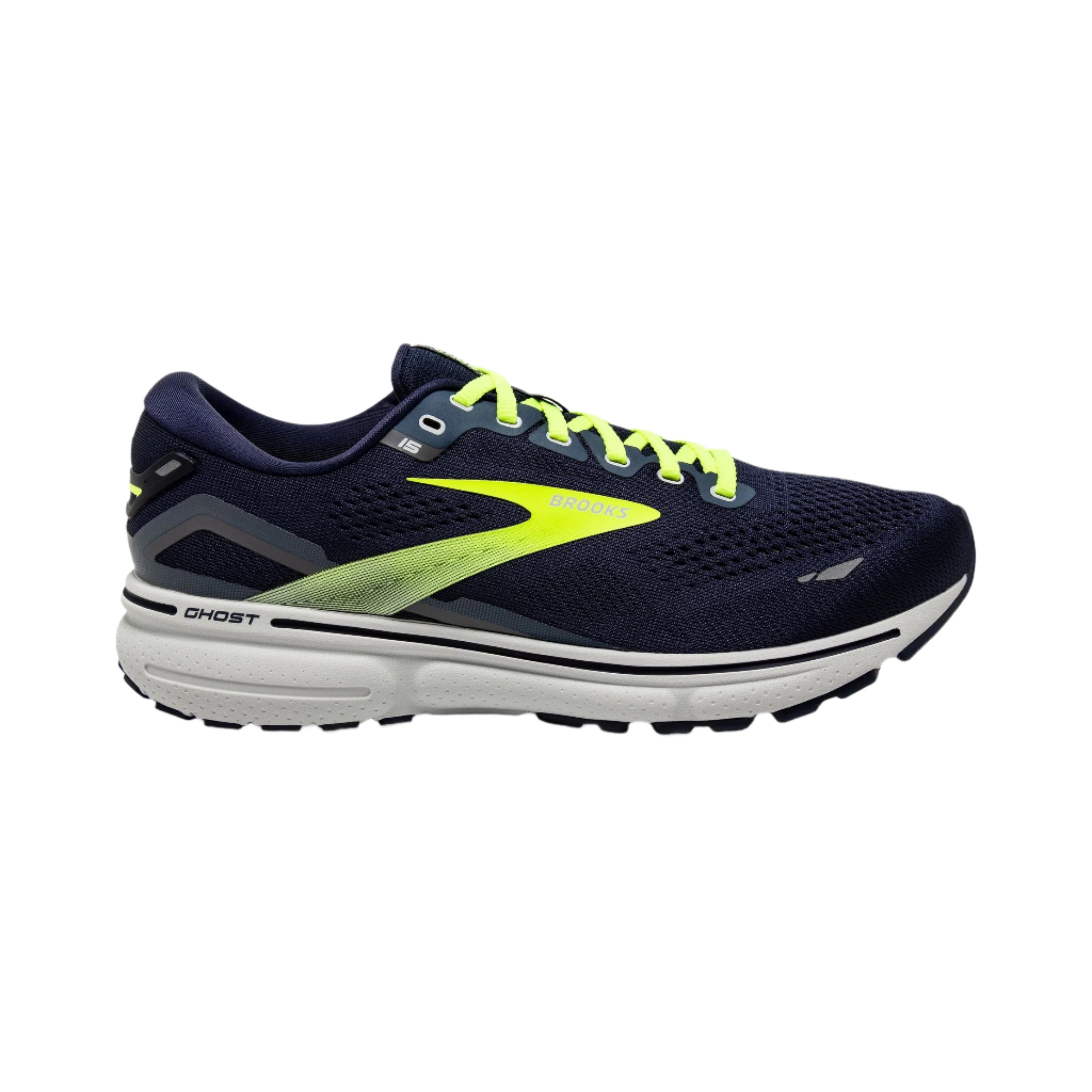 Men's Brooks Ghost 15 running shoe in Peacoat/Nightlife/Grey color, size 8, with yellow lace loops.