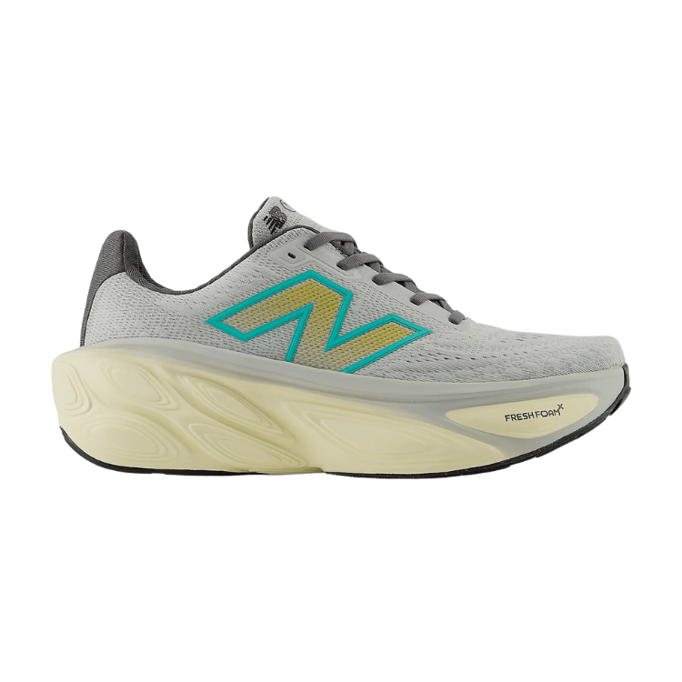 Side view on white background of Mens New Balance Fresh Foam X More v5 running shoe in righton Grey/Calcium/Cyber Jade , Medium (Regular) width