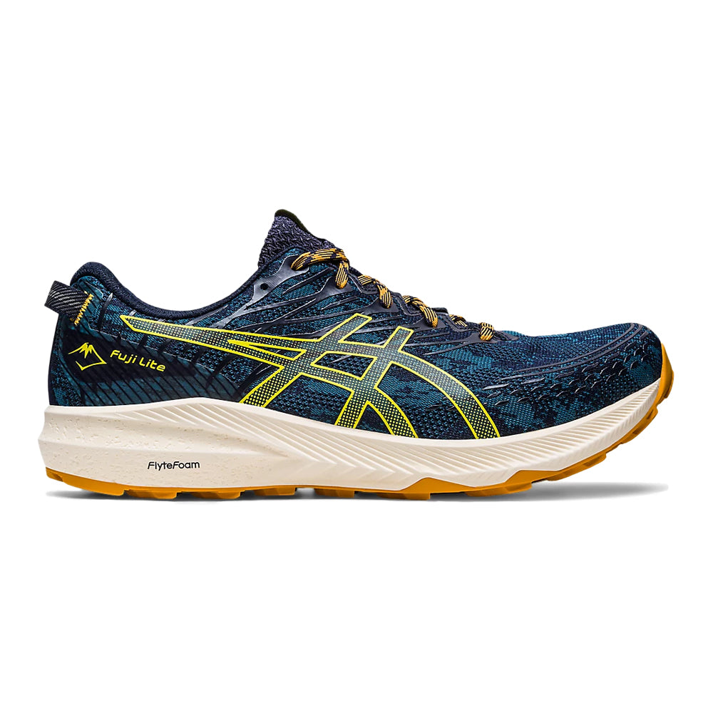 Side view on white background of Mens Asics Fuji Lite running shoe in Ink Teal/Golden Yellow, Medium (Regular) width