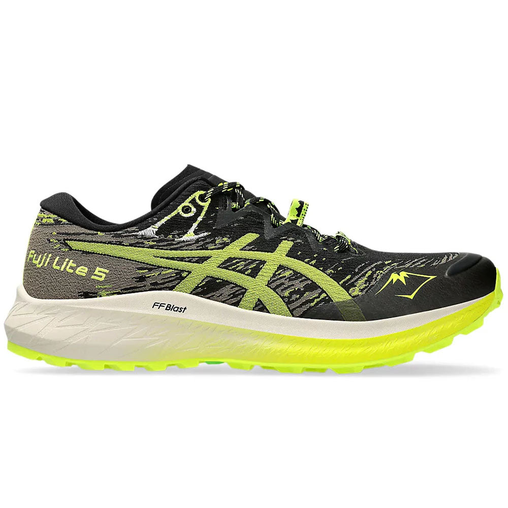 Side view on white background of Mens Asics Fuji Lite running shoe in Black/Safety Yellow, Medium (Regular) width
