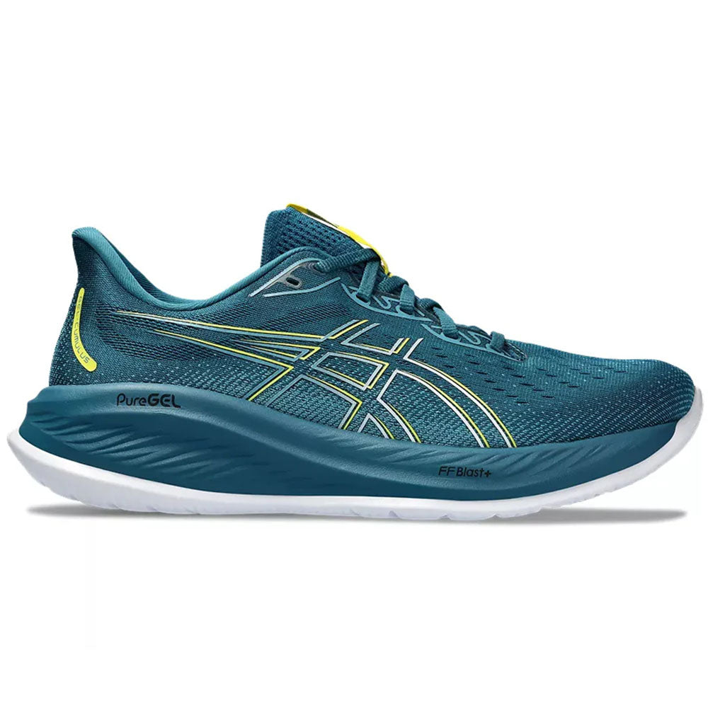 Side view on white background of Mens Asics Gel-Cumulus running shoe in Evening Teal/Bright Yellow, Medium (Regular) width