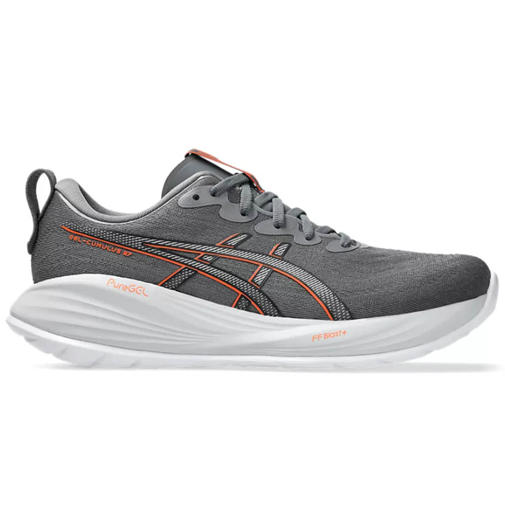 Side view on white background of Mens Asics Gel-Cumulus running shoe in Carbon/Nova Orange, Medium (Regular) width