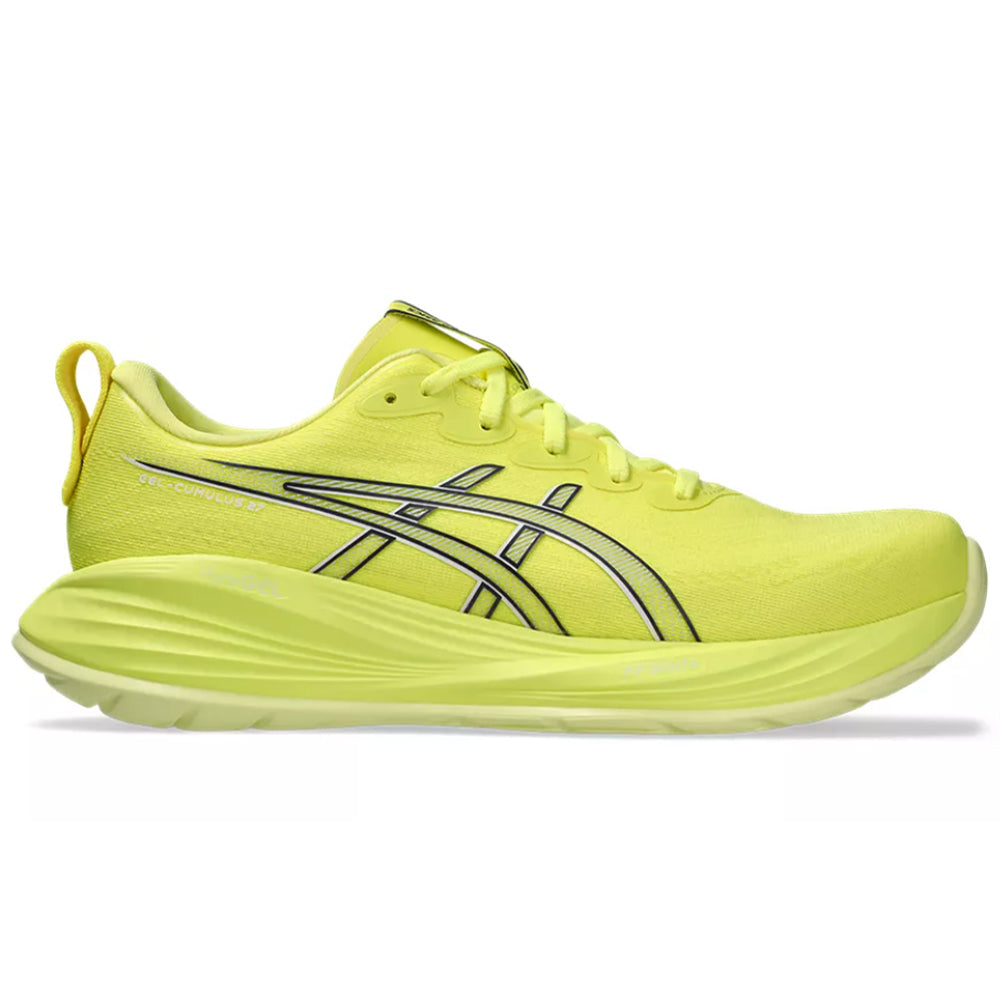 Side view on white background of Mens Asics Gel-Cumulus running shoe in Citron/White, Medium (Regular) width