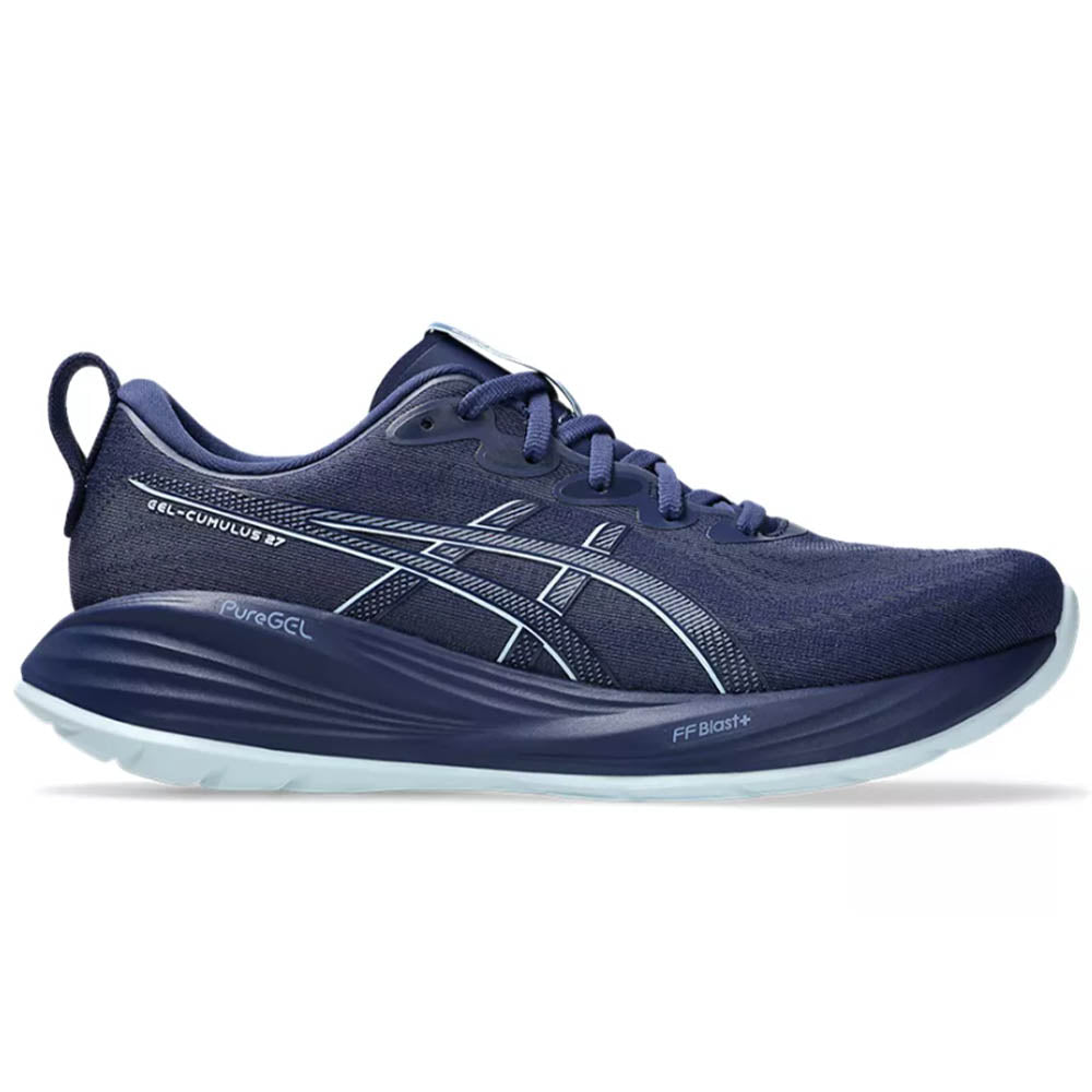 Side view on white background of Mens Asics Gel-Cumulus running shoe in Indigo Blue/Cool Grey, Medium (Regular) width