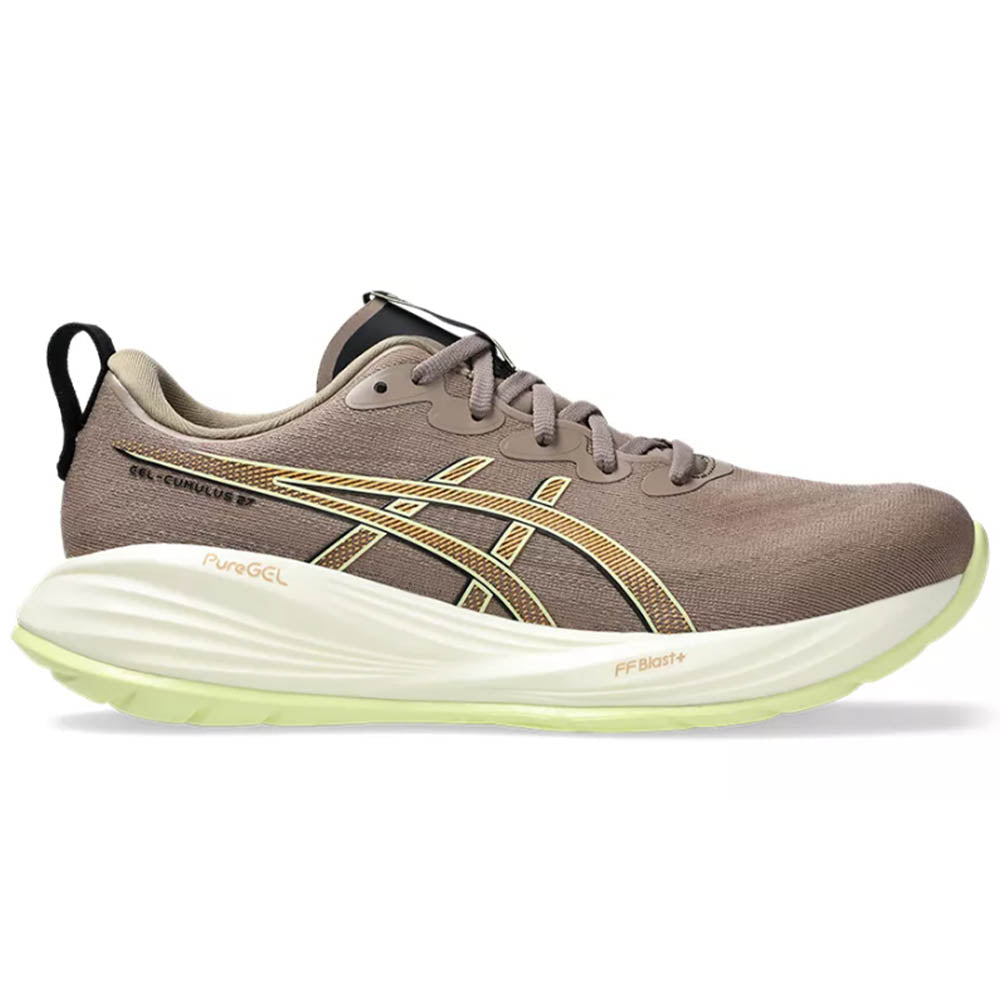 Side view on white background of Mens Asics Gel-Cumulus running shoe in Taupe Grey/Black, Wide width