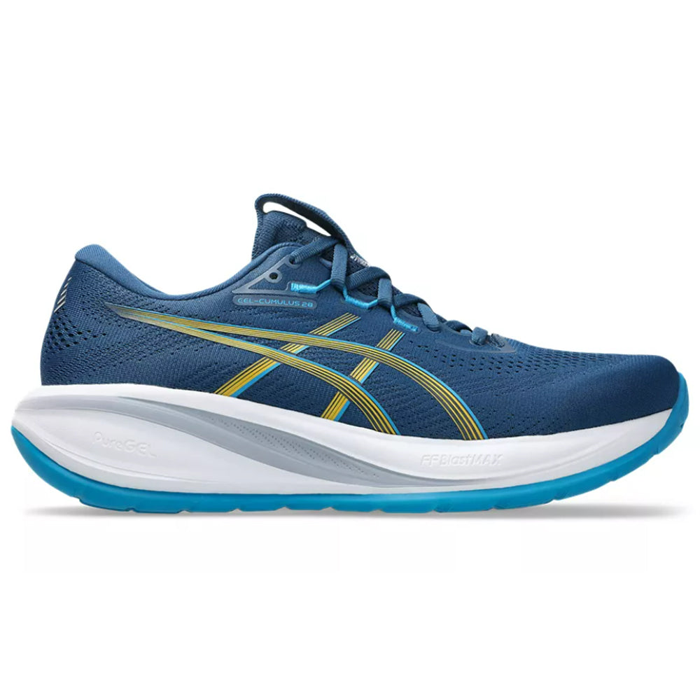 Side view on white background of Mens Asics Gel-Cumulus running shoe in Twilight Blue/Yamabuki, Medium (Regular) width