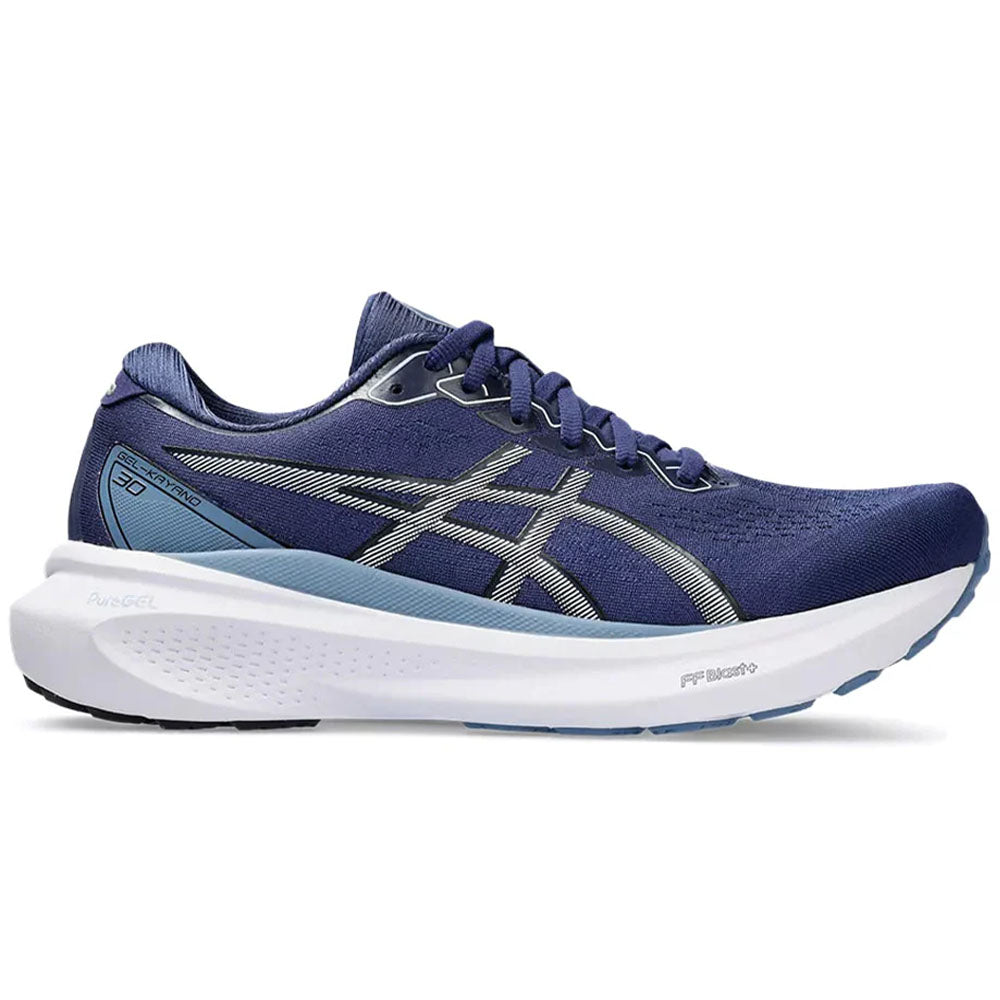 Side view on white background of Mens Asics Gel-Kayano running shoe in Deep Ocean/White, Medium (Regular) width
