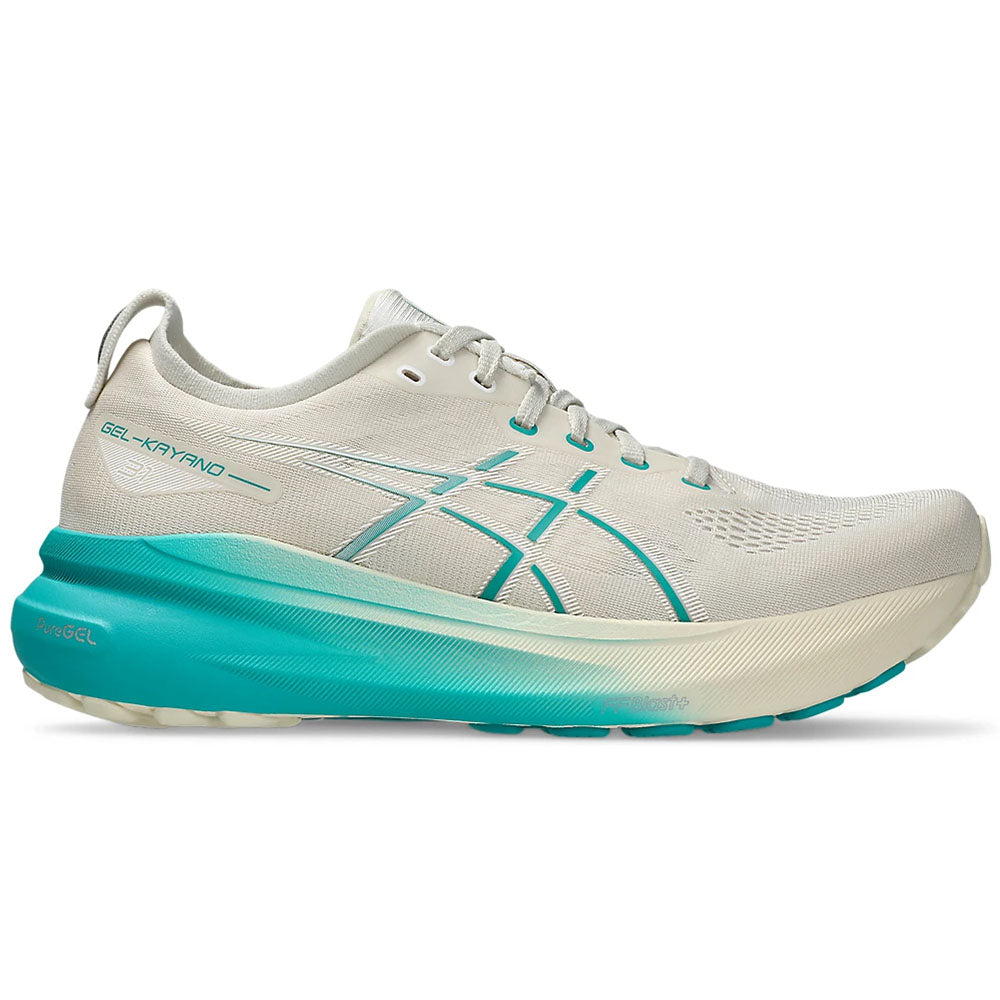 Asics Gel-Kayano Mens running shoes in Birch/Wave Teal - side view on a white background