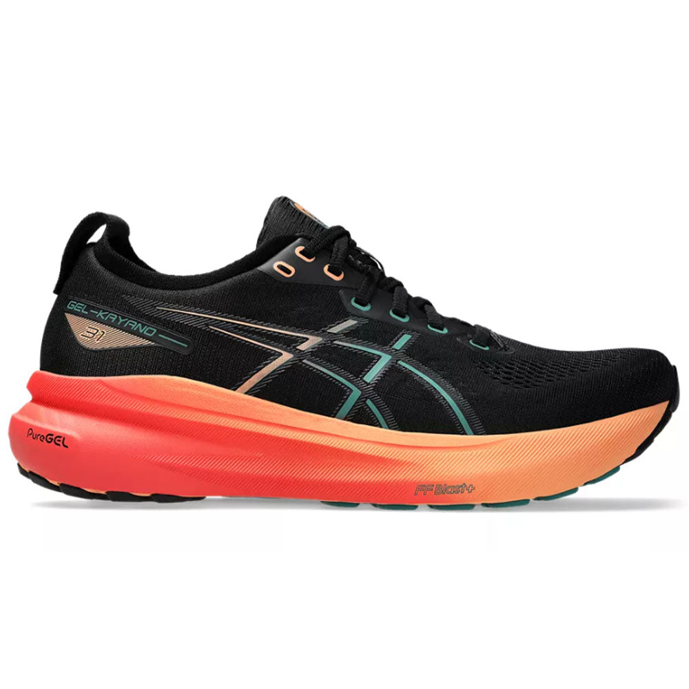 Side view on white background of Mens Asics Gel-Kayano running shoe in Black/Rainy Lake, Wide width