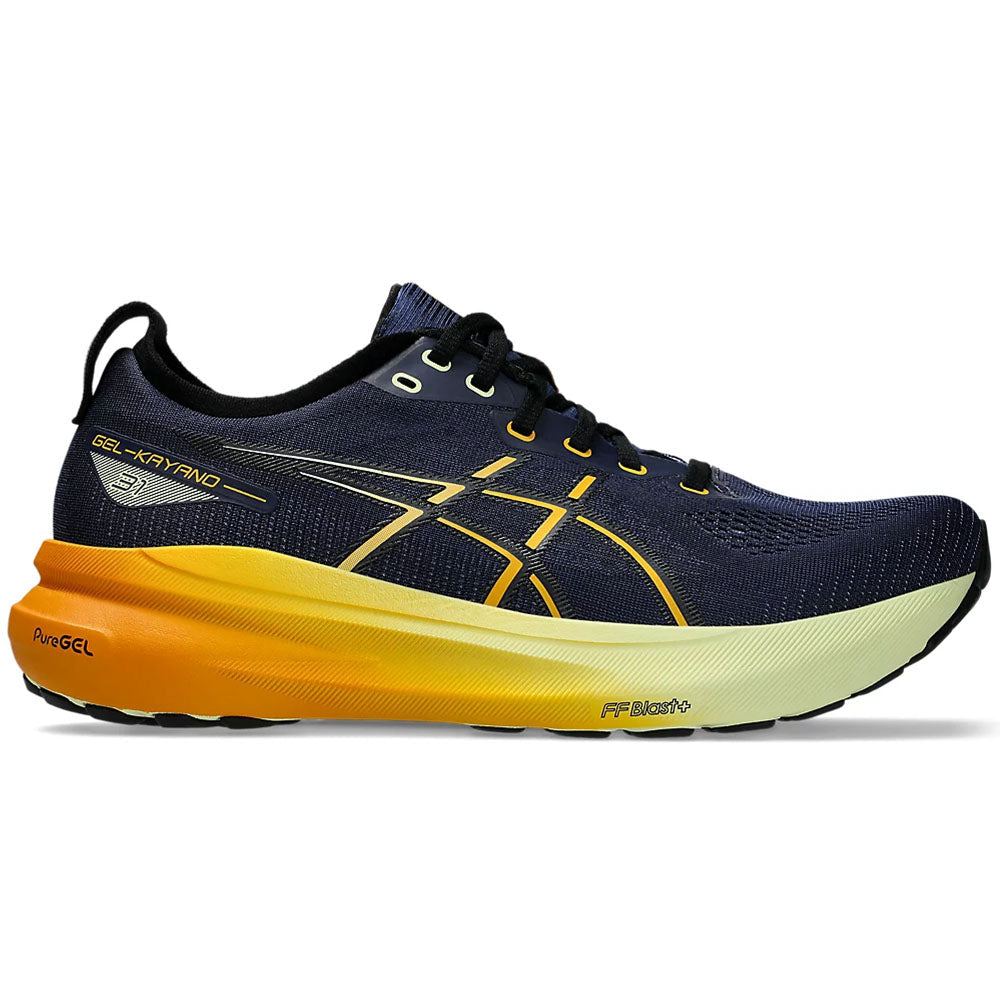 Side view on white background of Mens Asics Gel-Kayano running shoe in Indigo Blue/Gunmetal, Medium (Regular) width