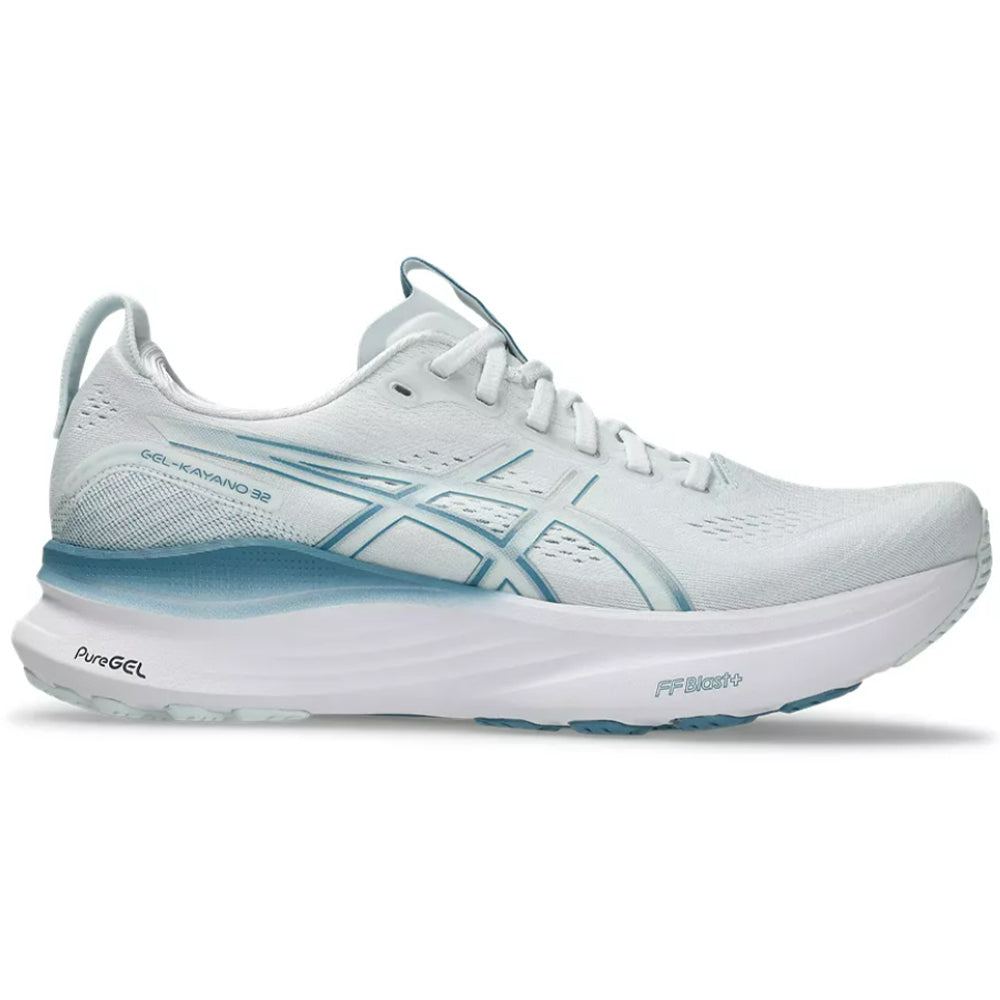 Side view on white background of Mens Asics Gel-Kayano running shoe in Arctic Blue/Pure Silver, Medium (Regular) width