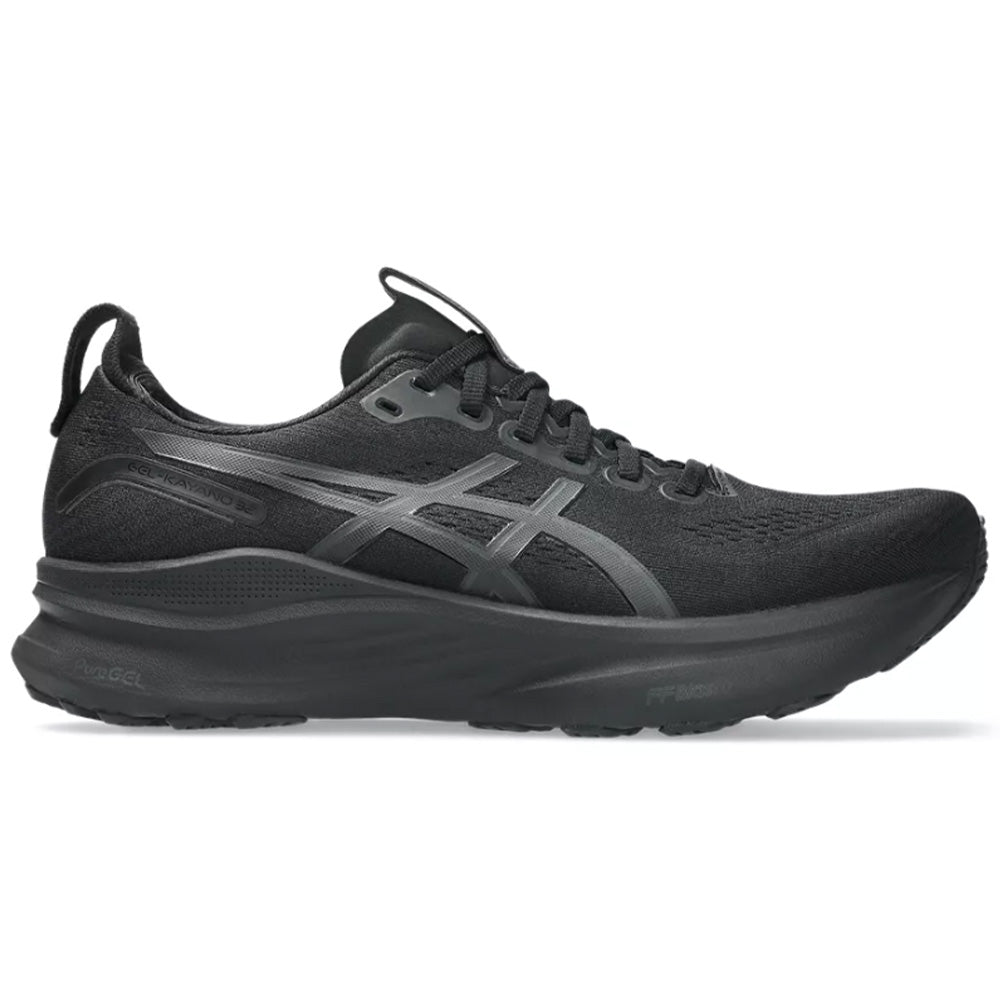 Side view on white background of Mens Asics Gel-Kayano running shoe in Black/Graphite Grey, Wide width