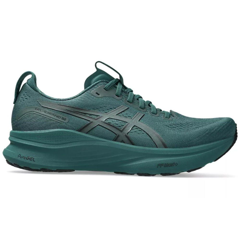 Side view on white background of Mens Asics Gel-Kayano running shoe in Dark Neptune/Black, Medium (Regular) width