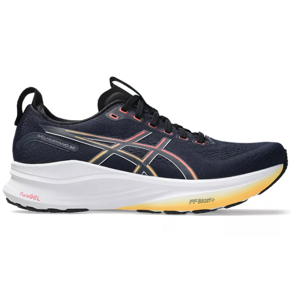Side view on white background of Mens Asics Gel-Kayano running shoe in Midnight/Black, Medium (Regular) width