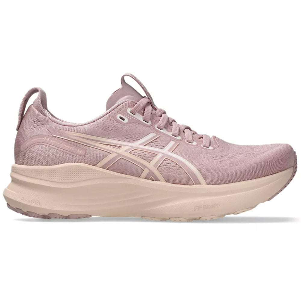 Side view on white background of Womens Asics Gel-Kayano running shoe in Morganite/Pearl Pink, Medium (Regular) width