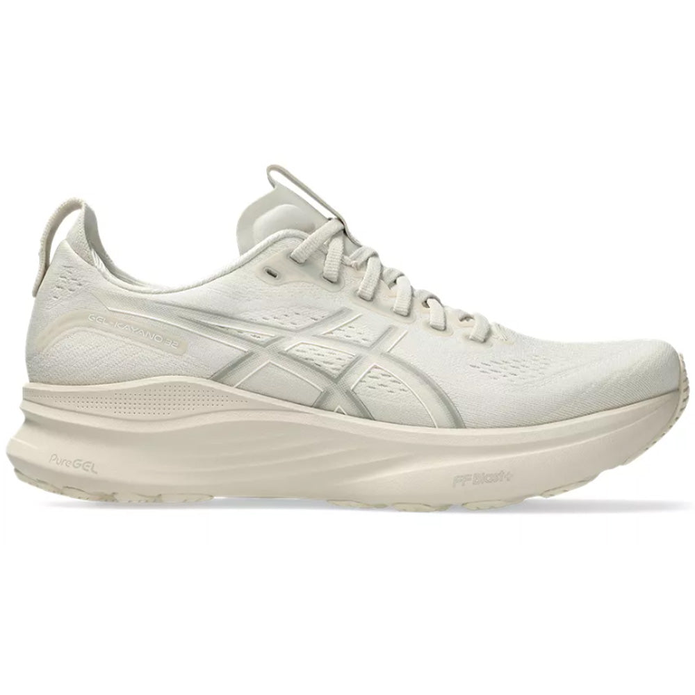 Side view on white background of Mens Asics Gel-Kayano running shoe in Oatmeal/Meteor Grey, Medium (Regular) width