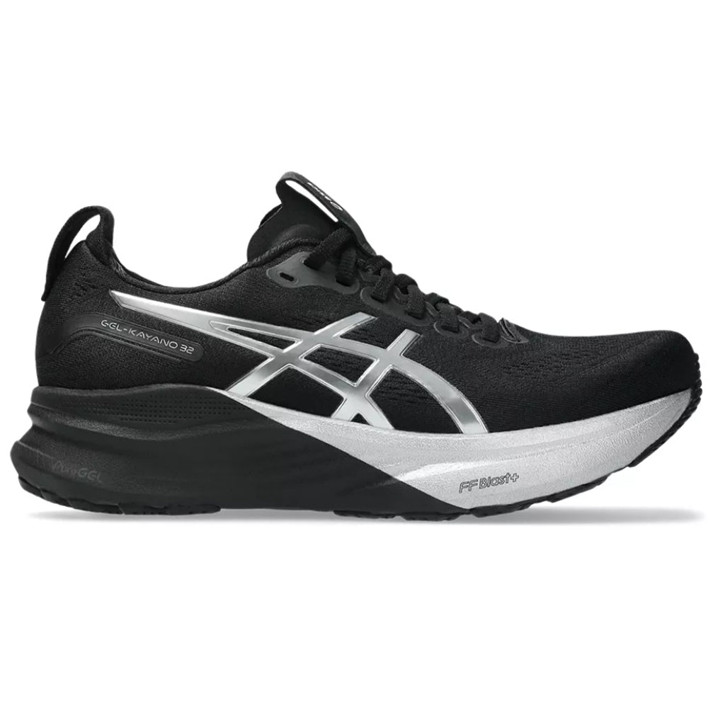 Side view on white background of Mens Asics Gel-Kayano running shoe in Platinum/Black, Medium (Regular) width