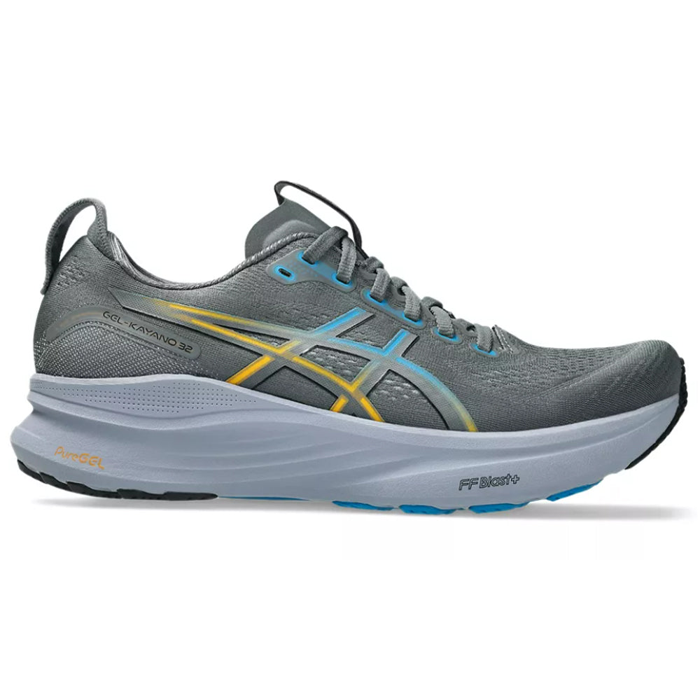 Side view on white background of Mens Asics Gel-Kayano running shoe in Steel Grey/Aegean Blue, Medium (Regular) width