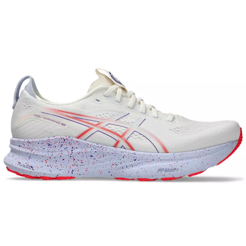 Side view on white background of Mens Asics Gel-Kayano running shoe in Cream/Edo Purple, Medium (Regular) width