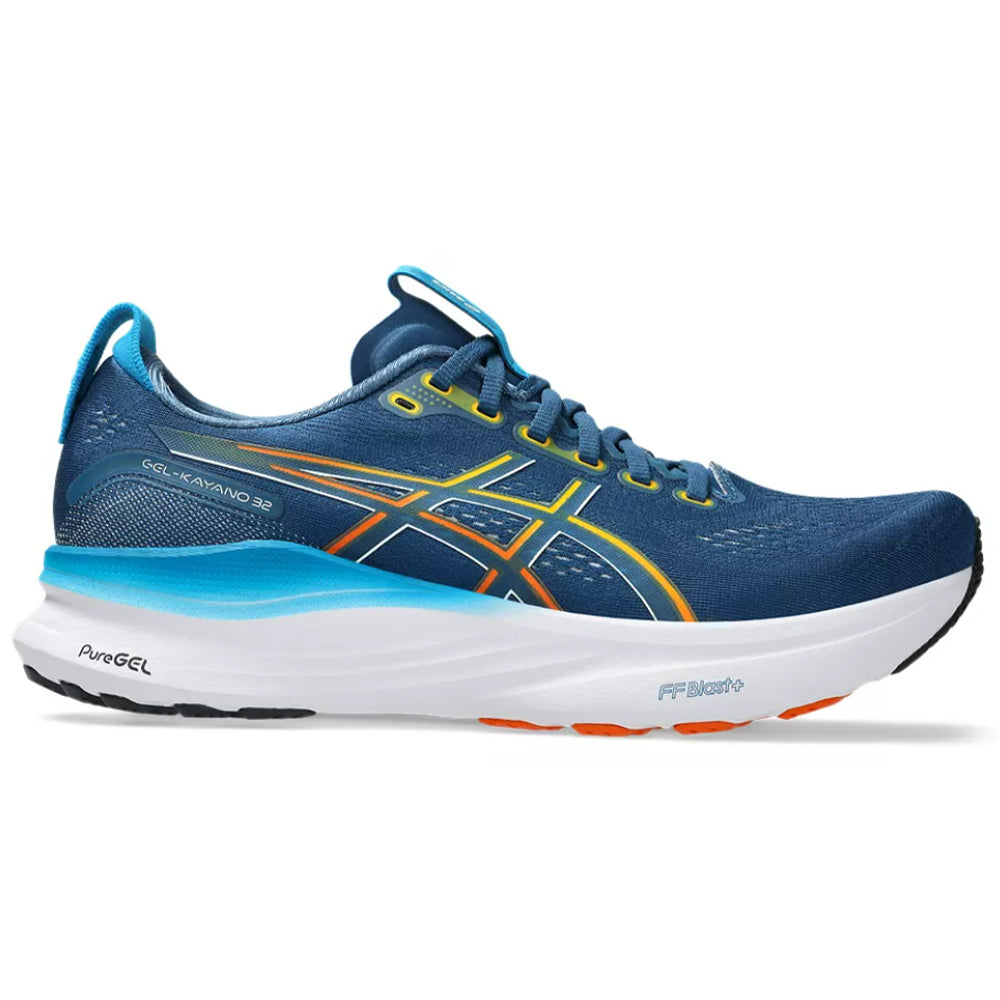 Side view on white background of Mens Asics Gel-Kayano running shoe in Twilight Blue/Anzu, Medium (Regular) width