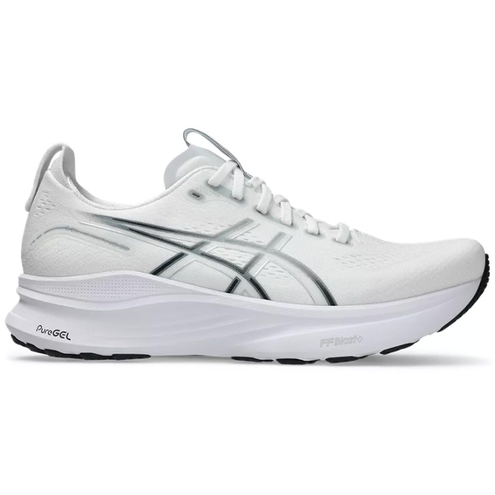 Side view on white background of Mens Asics Gel-Kayano running shoe in White/Pure Silver, Medium (Regular) width