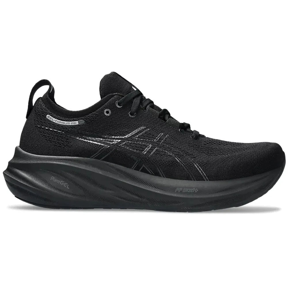 Side view on white background of Mens Asics Gel-Nimbus running shoe in Black/Black, Medium (Regular) width