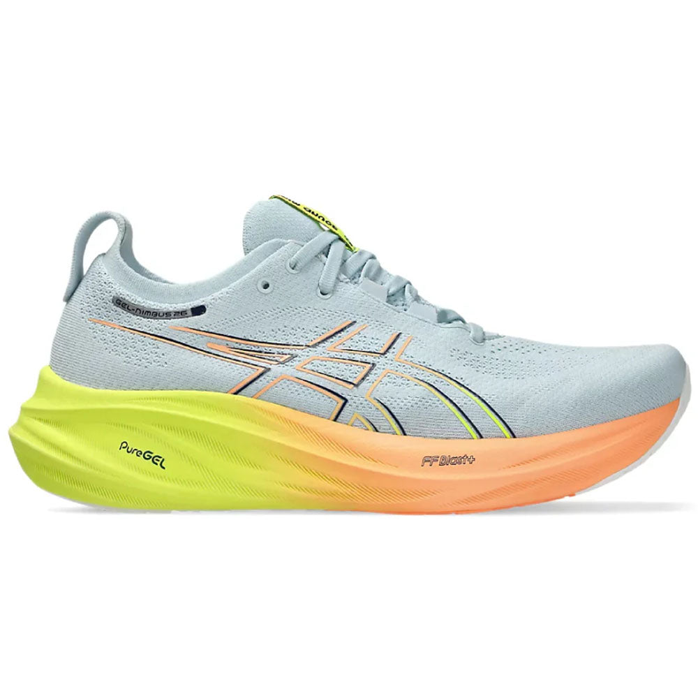 Side view on white background of Mens Asics Gel-Nimbus running shoe in Cool Grey/Safety Yellow, Medium (Regular) width