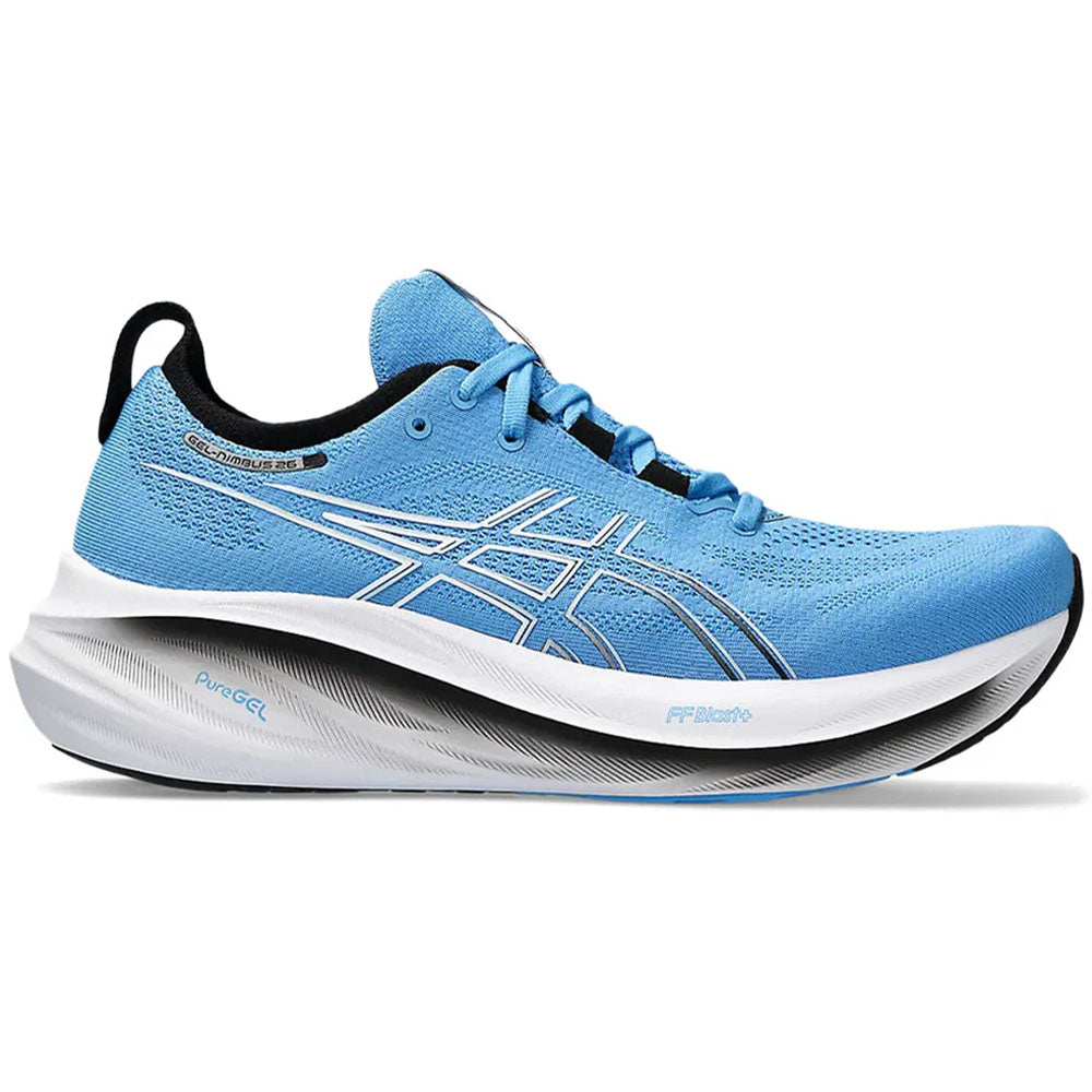 Side view on white background of Mens Asics Gel-Nimbus running shoe in Waterscape/Black, Medium (Regular) width