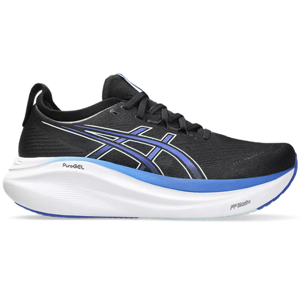 Side view on white background of Mens Asics Gel-Nimbus running shoe in Black/Dark Cobalt, Medium (Regular) width