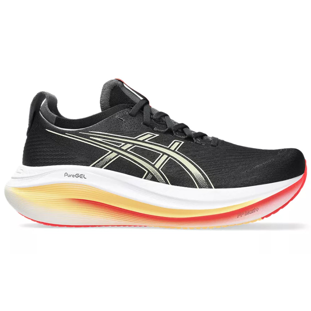 Side view on white background of Mens Asics Gel-Nimbus running shoe in Black/Khaki, Medium (Regular) width