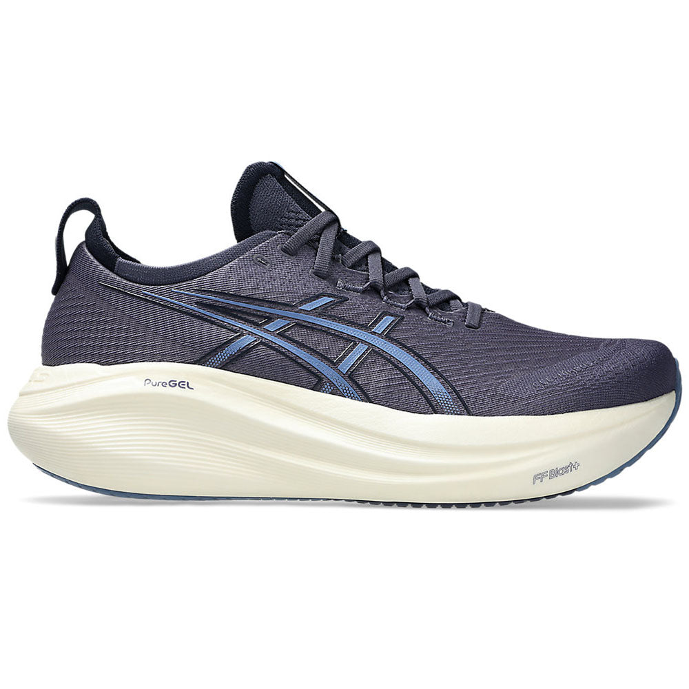 Side view on white background of Mens Asics Gel-Nimbus running shoe in Indigo Fog/Denim Blue, Wide width