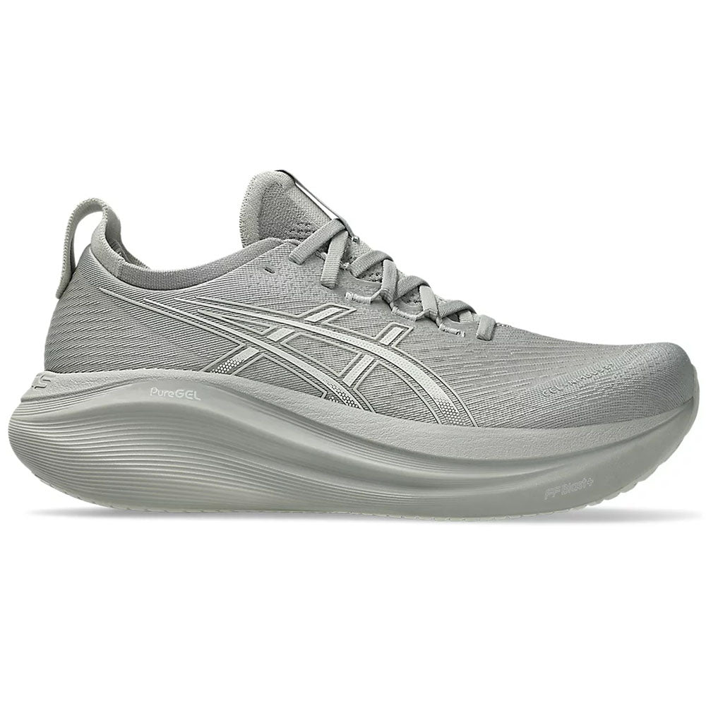 Side view on white background of Mens Asics Gel-Nimbus running shoe in Seal Grey/Lake Grey, Medium (Regular) width