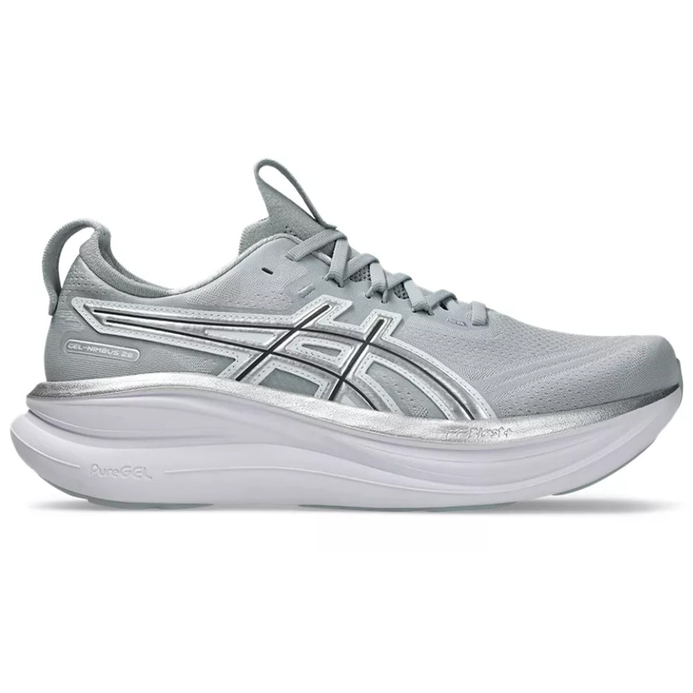 Side view on white background of Mens Asics Gel-Nimbus running shoe in Piedmont Grey/Pure Silver, Medium (Regular) width